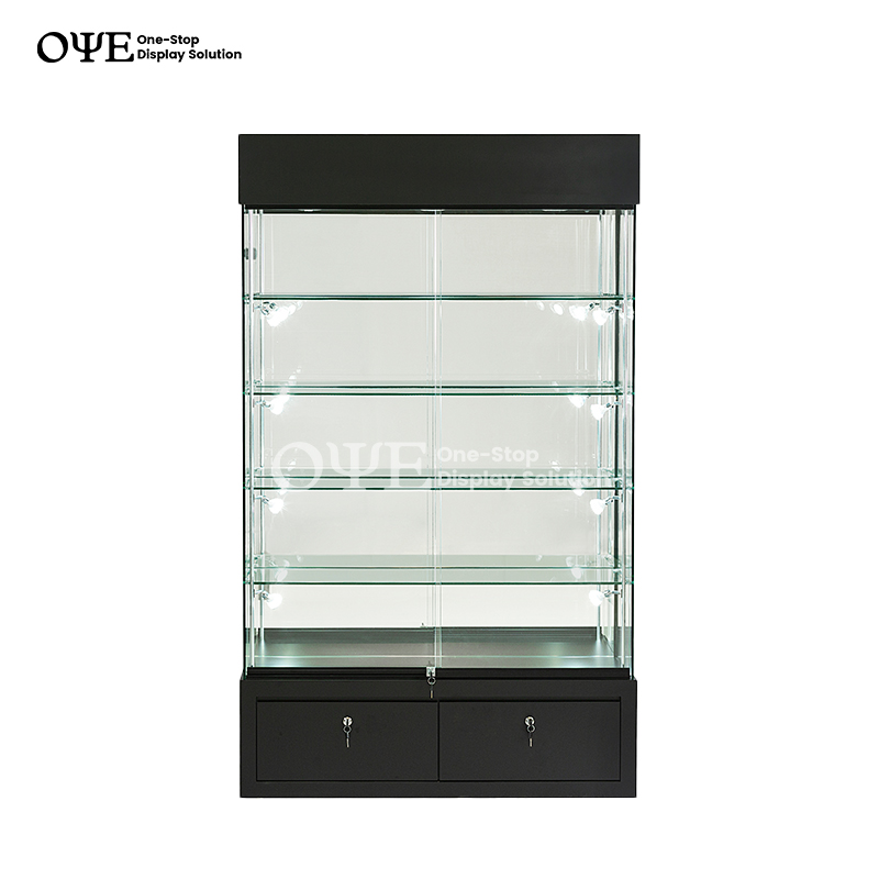 https://www.oyeshowcases.com/op maat gemaakte hoge glazen vitrine-met-opslag-i-oye-product/