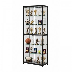 A trophy and sports memorabilia displayed on supports inside a freestanding glass case (1)