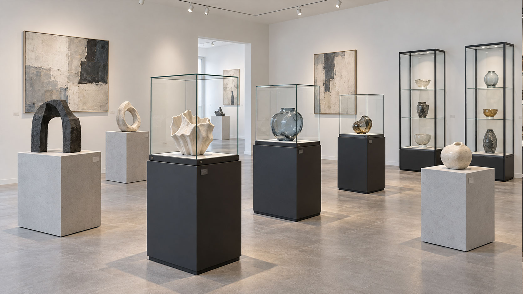 Art-gallery-with-vitrines-and-sculpture-plinths