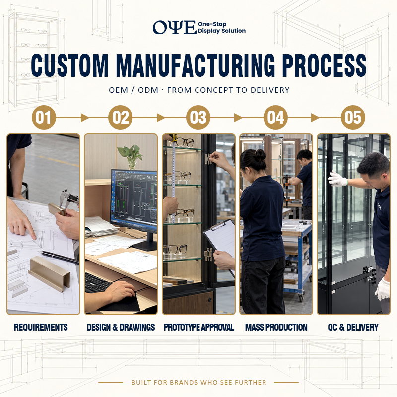Custom-eyewear-display-case-manufacturing-process-from-sample-to-production-by-OYE-Showcases
