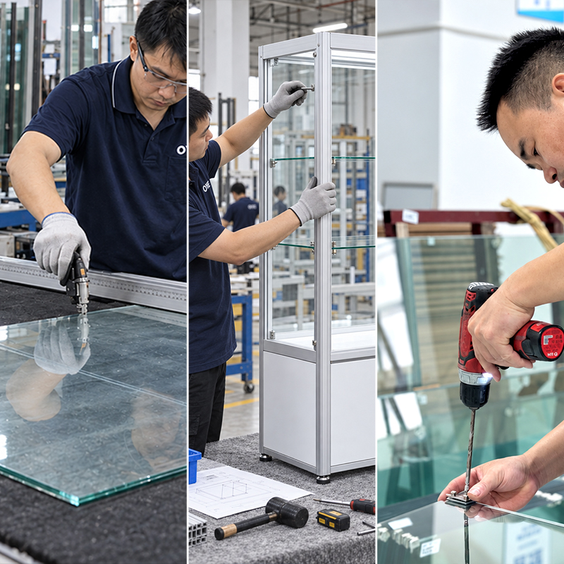 Dispensary-display-case-production-in-OYE-factory-across-glass-cutting,-cabinet-assembly-and-lighting-build-by-OYE-Showcases