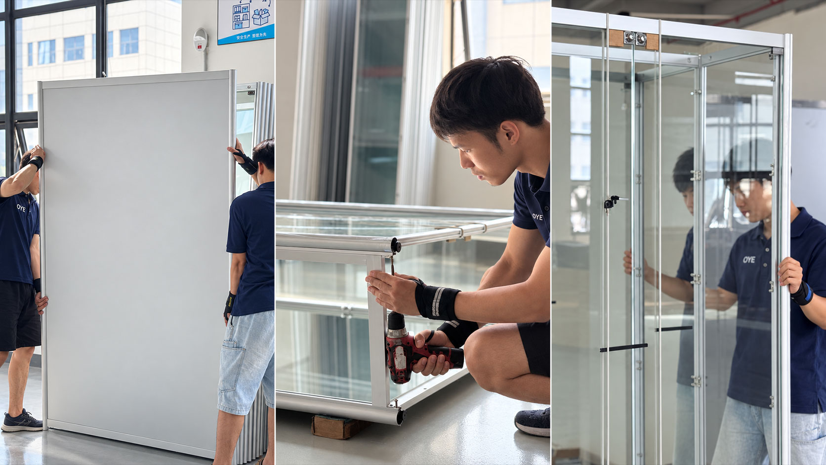 Display case assembly in the OYE workshop