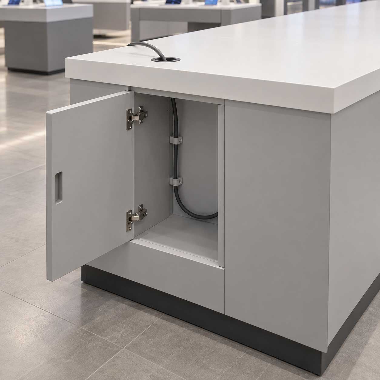 Display-table-with-a-cable-routing-opening