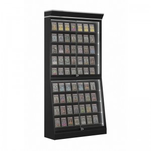 Encased trading cards arranged on angled card holders inside a glass display counter (1)