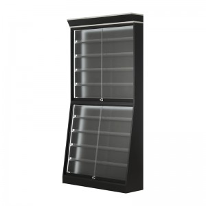 Encased trading cards arranged on angled card holders inside a glass display counter (4)