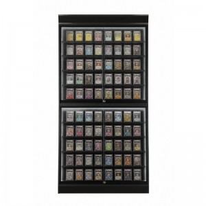 Encased trading cards arranged on angled card holders inside a glass display counter (5)