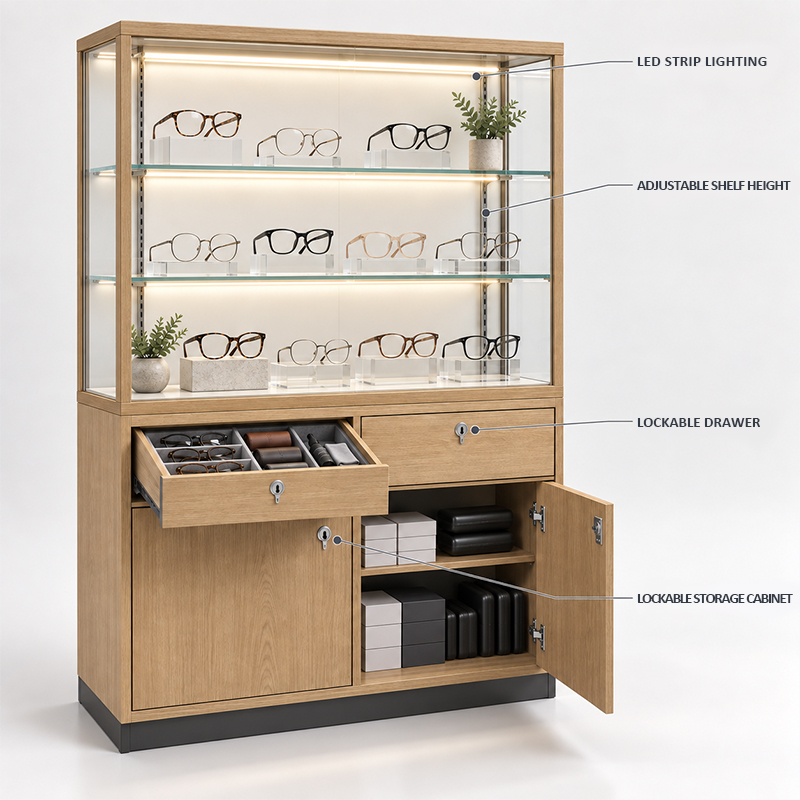 Eyewear-display-and-storage-case-combining-display-shelf-and-storage-cabinet-by-OYE-Showcases