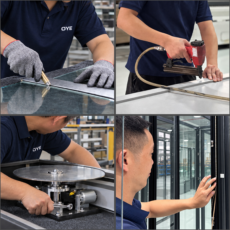 Eyewear-display-case-production-in-OYE-factory-across-glass-cutting,-cabinet-assembly-and-lighting-build-by-OYE-Showcases