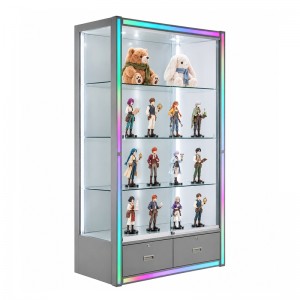 Figures and dolls of different heights arranged on glass shelves inside a display cabinet (1)