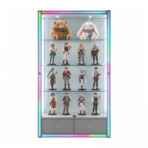Figures and dolls of different heights arranged on glass shelves inside a display cabinet (6)