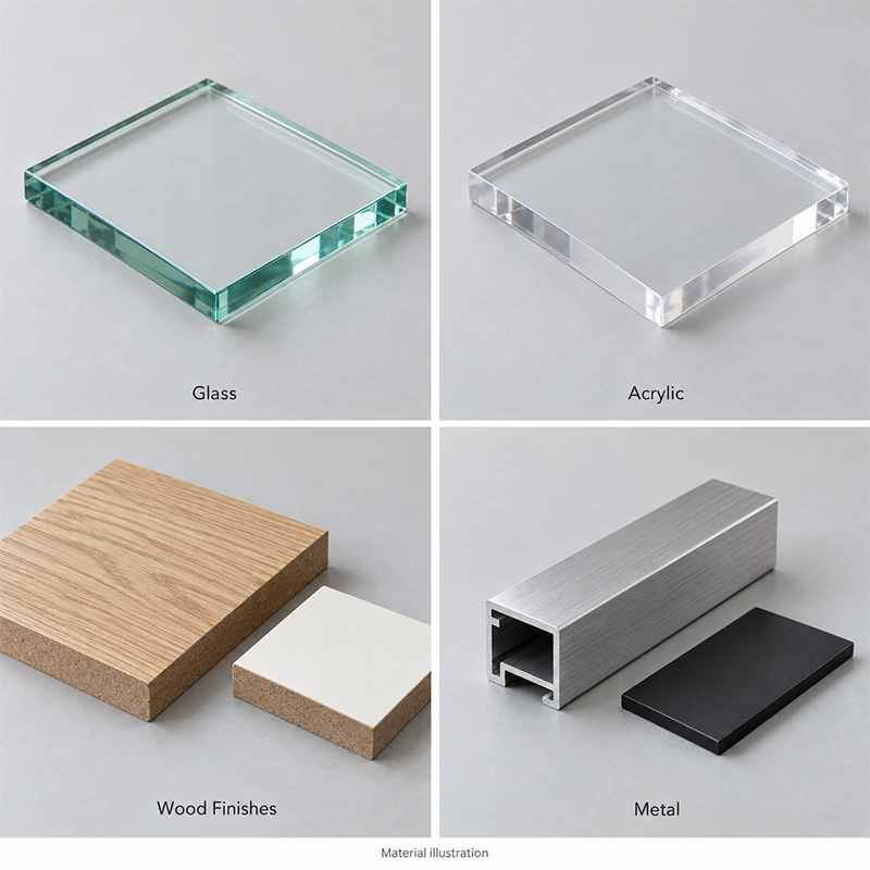 Glass,-acrylic,-wood-finish-and-metal-samples-for-custom-collectible-display-cases
