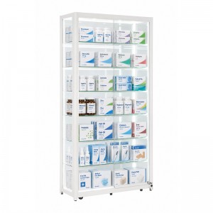 Glass dispensary display case with illuminated shelves by OYE Showcases (1)