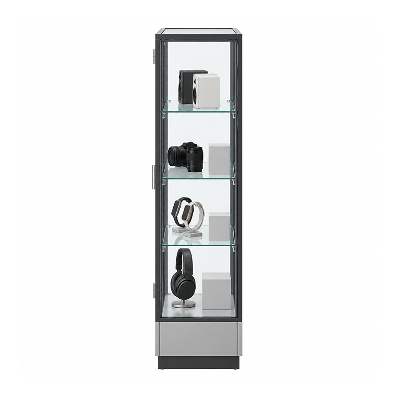 Glass showcase with electronics and product boxes (1)