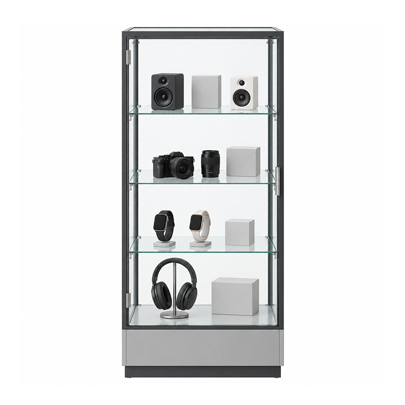 Glass showcase with electronics and product boxes (3)