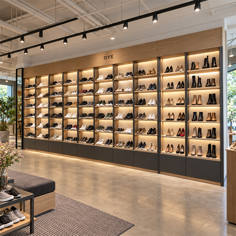 High-density-shoe-wall-display-cabinet-with-multiple-rows-by-OYE-Showcases