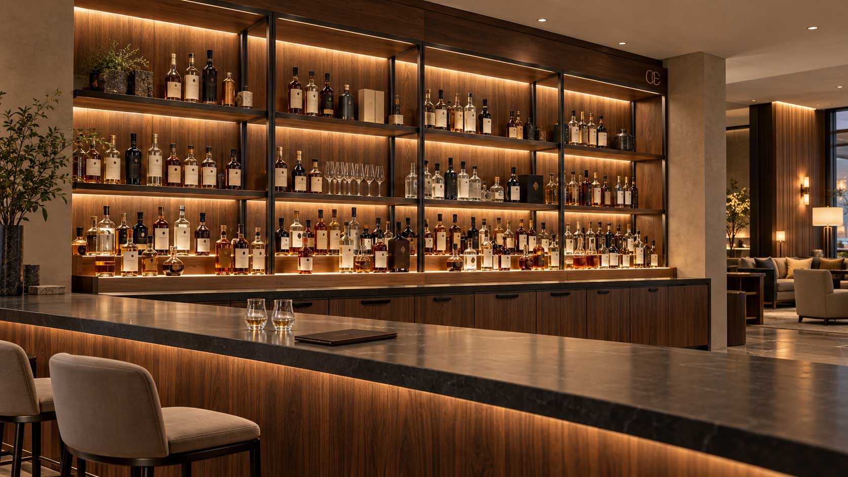 Hotel-lounge-with-a-tiered-back-bar-display