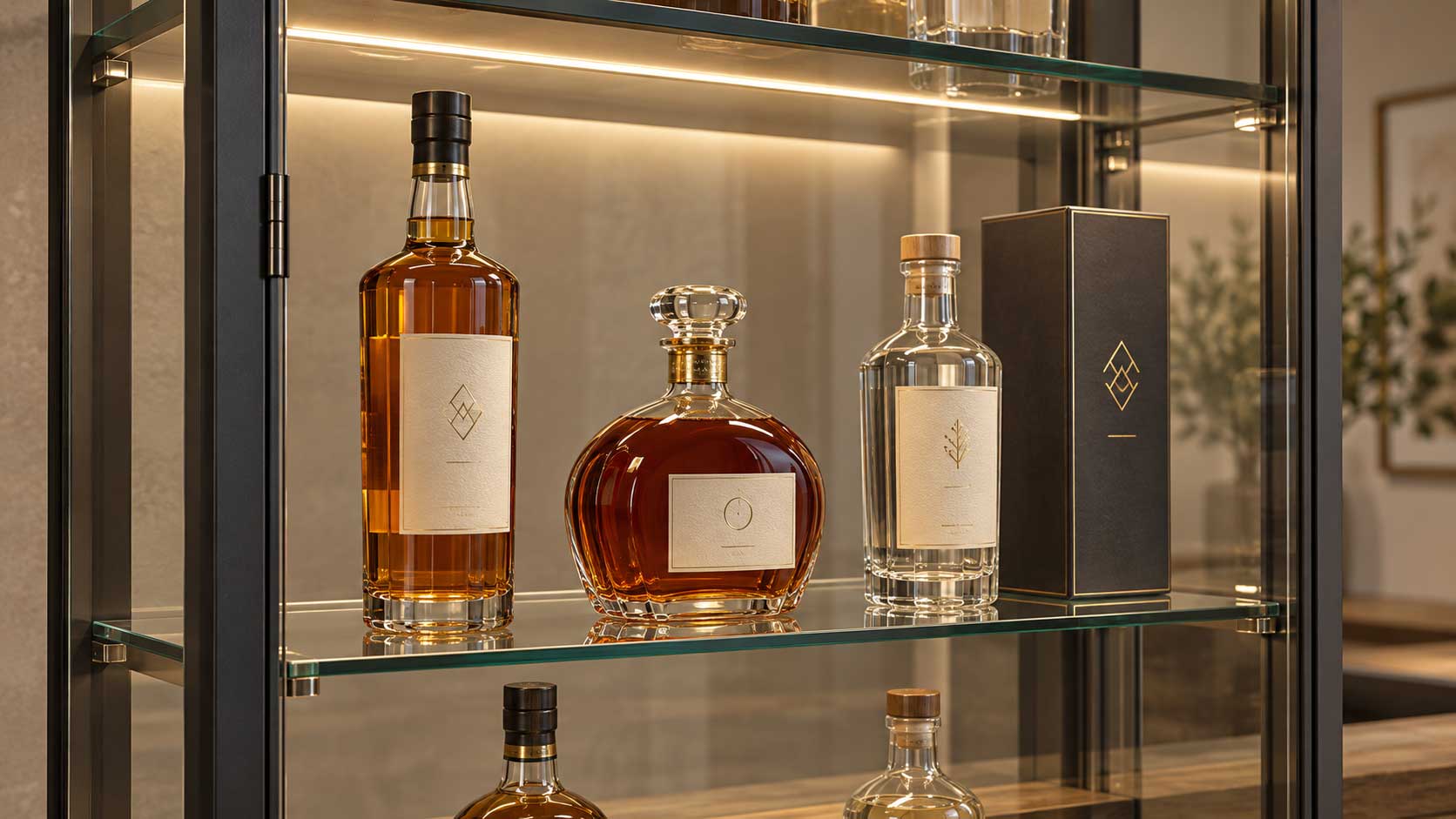 Lit-glass-display-cabinet-with-spirit-bottles