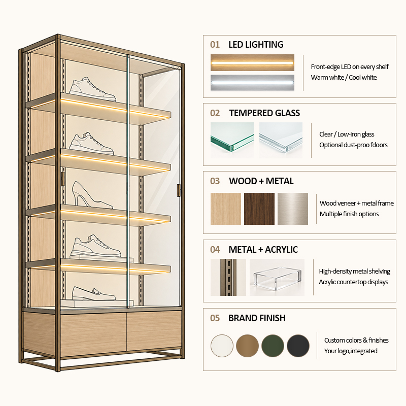 Shoe-display-cabinet-lighting-and-material-options-by-OYE-Showcases
