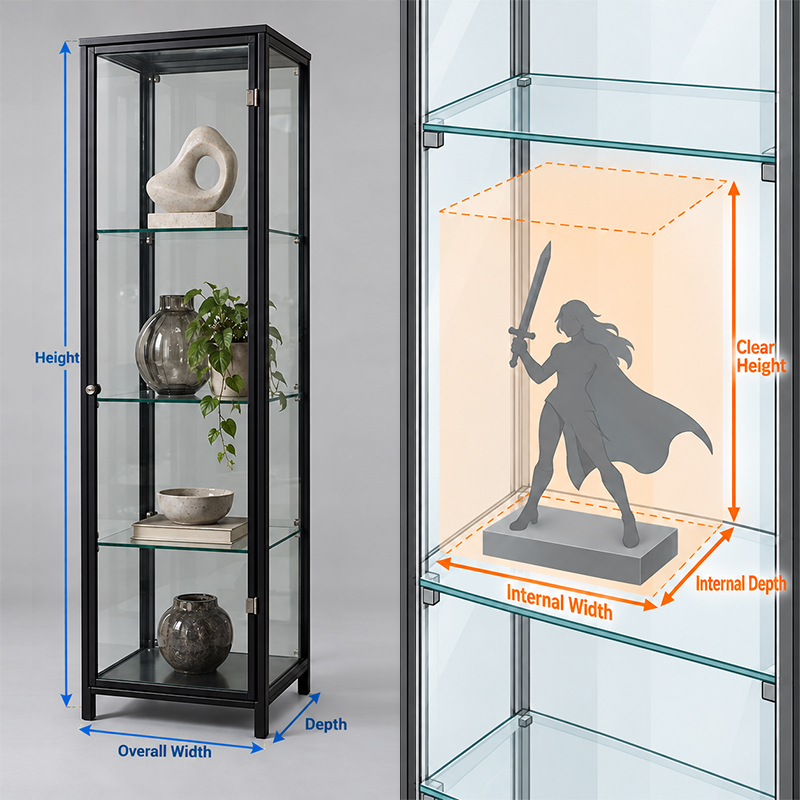 Size-guide-showing-overall-cabinet-dimensions-and-internal-clearance-around-a-collectible-and-its-base
