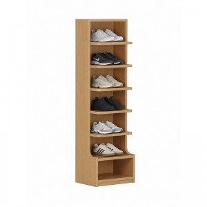 Tall open shoe display cabinet with a wood-look finish and multiple shelves (1)