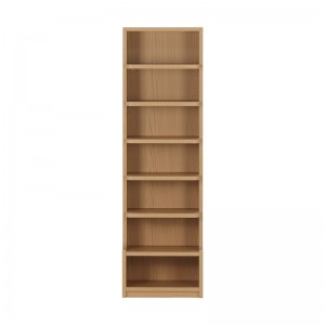 Tall open shoe display cabinet with a wood-look finish and multiple shelves (2)