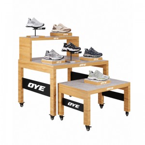 Three shoe display tables at different heights with shoe holders and display risers (1)