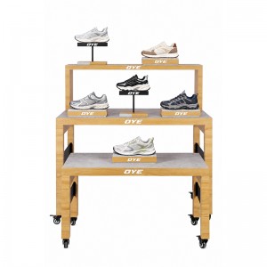 Three shoe display tables at different heights with shoe holders and display risers (6)
