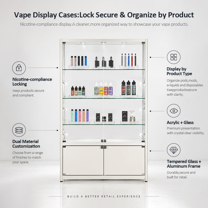 ប្រអប់បង្ហាញ Vape តាមប្រភេទផលិតផលជាមួយនឹងការចាក់សោរអនុលោមភាពនីកូទីនដោយ OYE Showcases