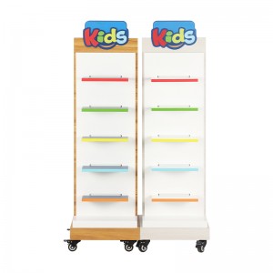 White freestanding shoe display stand with colorful shelves and caster wheels (1)