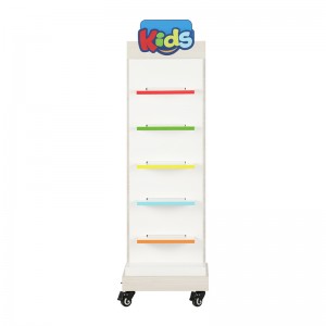 White freestanding shoe display stand with colorful shelves and caster wheels (2)