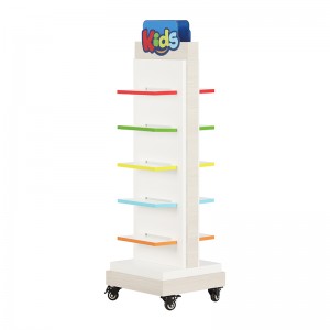 White freestanding shoe display stand with colorful shelves and caster wheels (4)