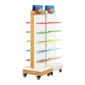 White freestanding shoe display stand with colorful shelves and caster wheels (8)
