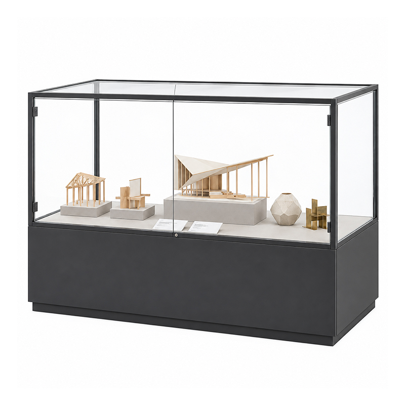 Wide glass case with grouped exhibits (2)