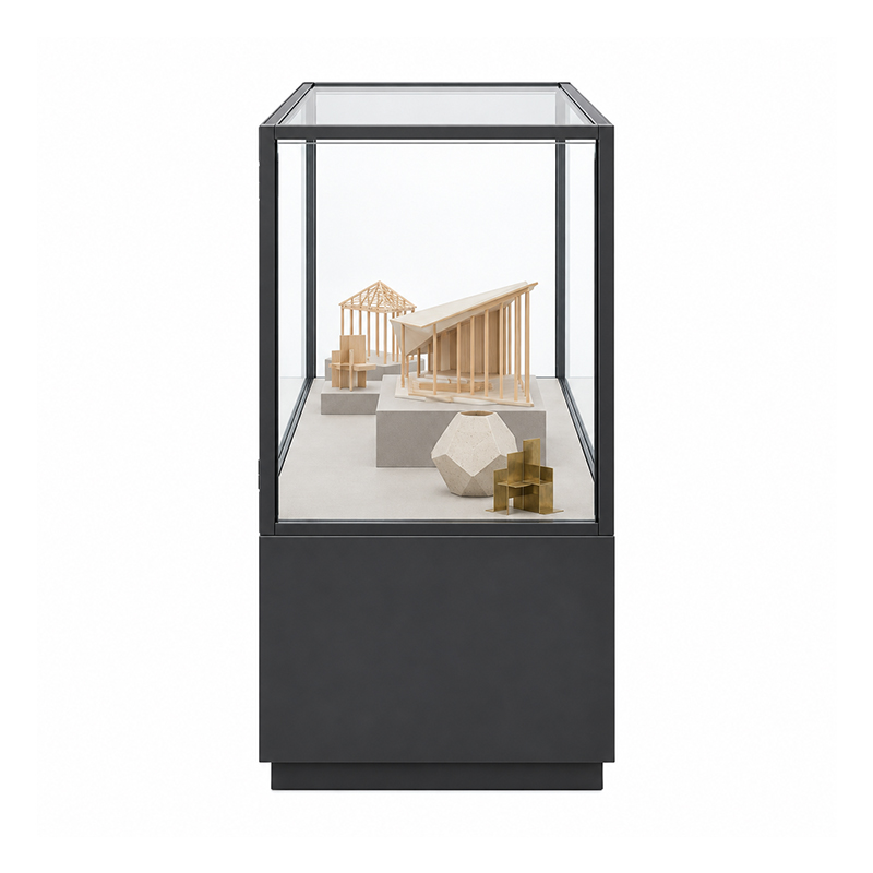 Wide glass case with grouped exhibits (3)