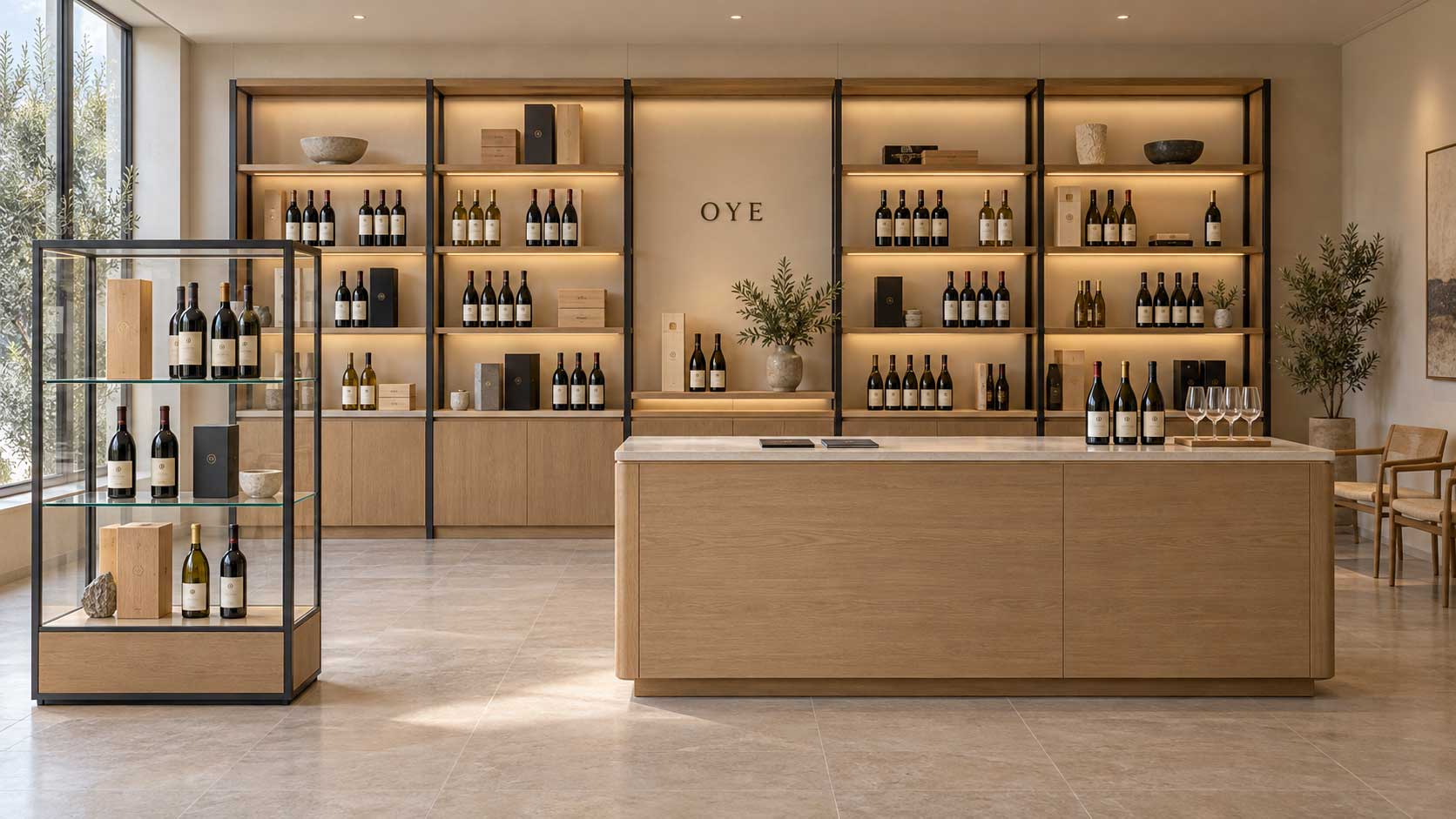 Winery-tasting-room-with-coordinated-bottle-displays