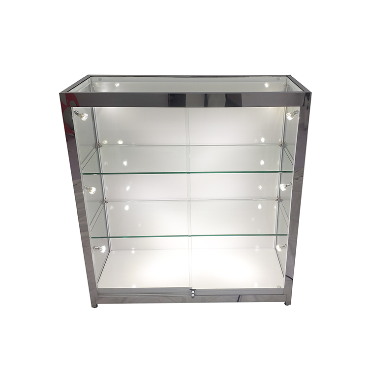 https://www.oyeshowcases.com/retail-display-case-locks-with-white-laminate-panel polished-stainless-steel-framed-glass-cabinet-oye-product/